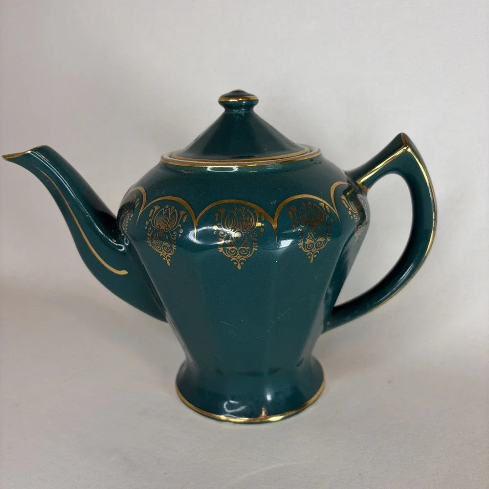 Vintage Hall Albany Teapot Green With Gold Trim 7 1/4
